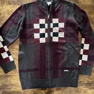 Burberry Men's Zip-Up Sweater - Burgundy and Gray Check